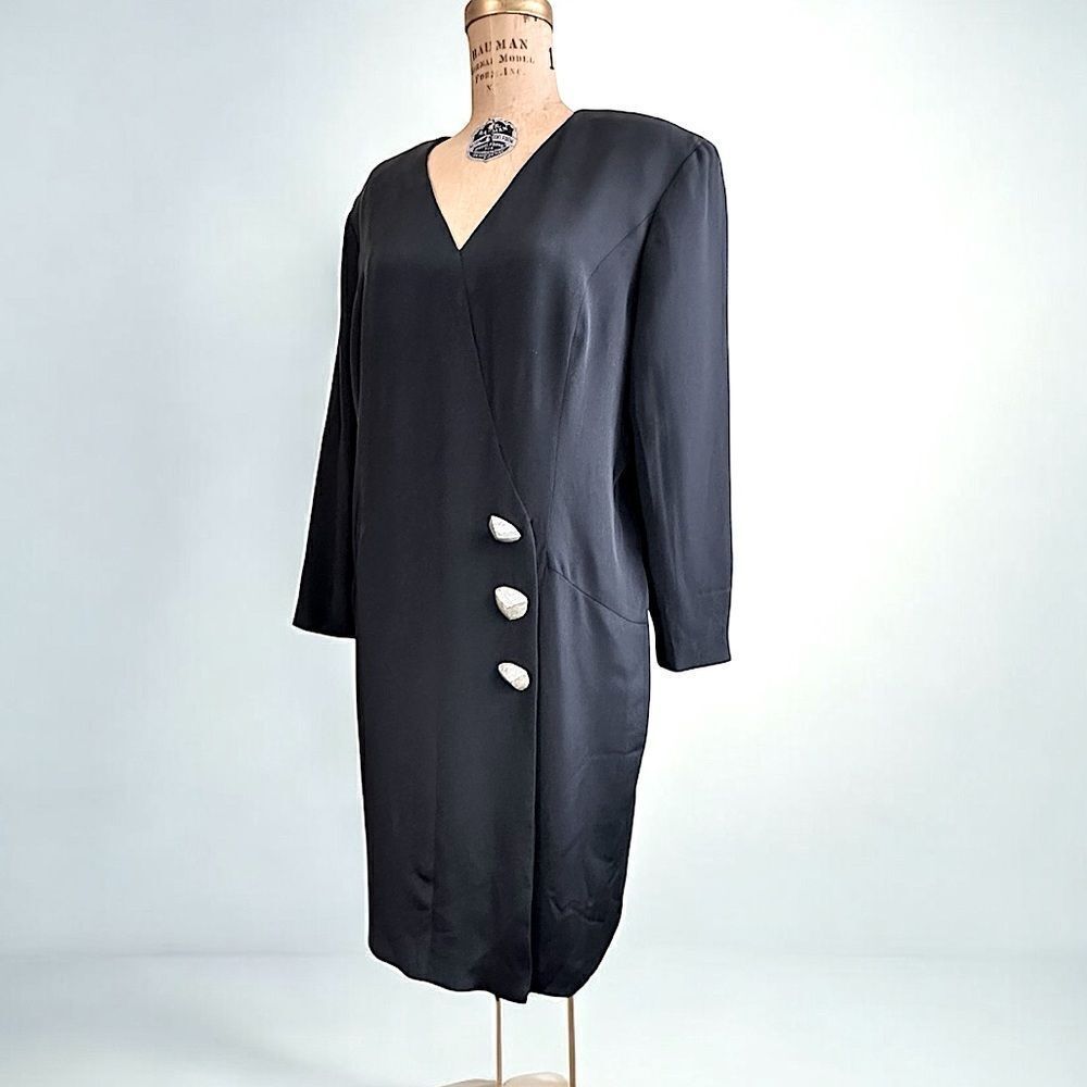 Vintage 80s Ildi Marshall Faux Wrap Black Silk Long sleeve Shift Dress size 16